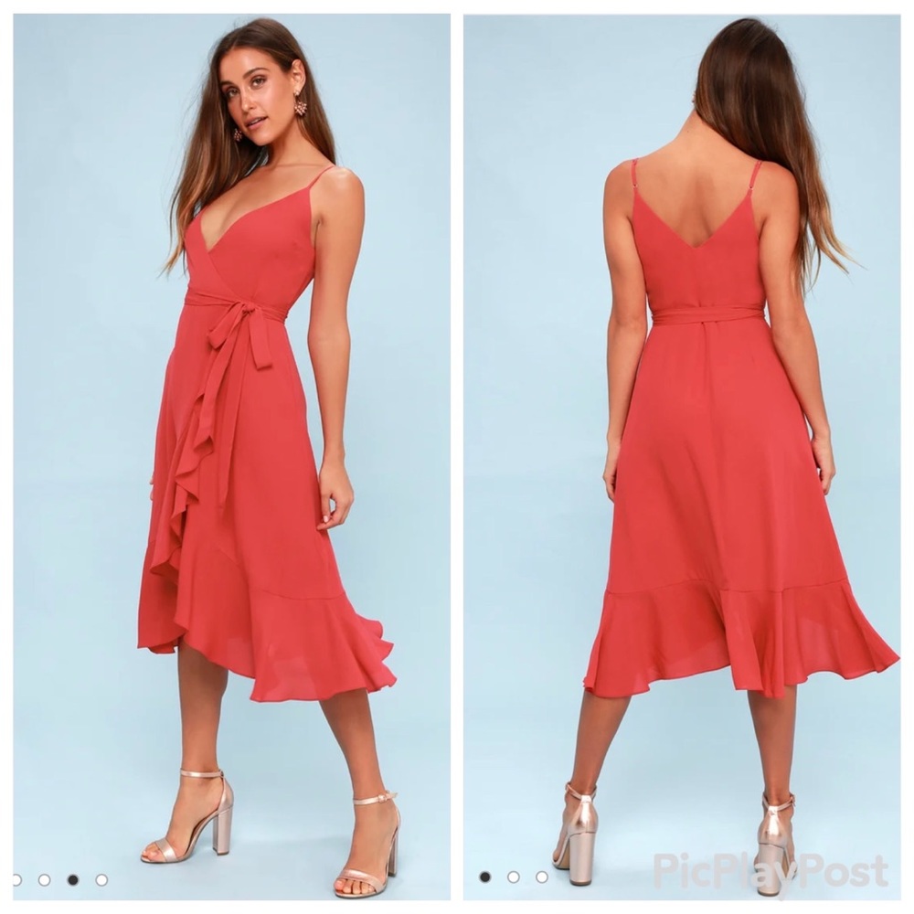 Lulus Manhattan Moment Berry Pink Ruffled Midi Wrap Dress Sz L